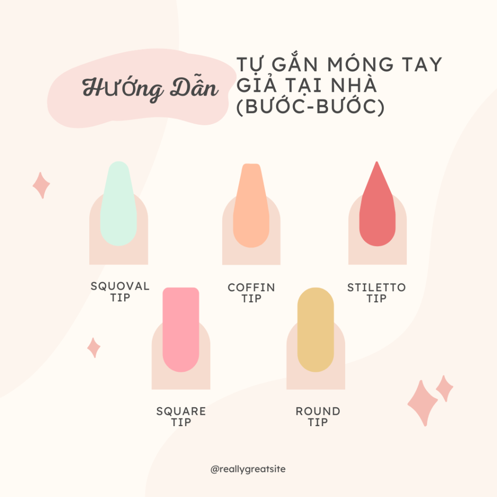 Người phụ nữ đang gắn móng tay giả tại nhà theo hướng dẫn từng bước, sử dụng keo dán móng và dụng cụ nail cơ bản.
